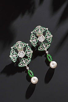 White Finish Green Stone & Zircon Dangler Earrings In Sterling Silver