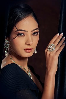 White Finish Green Stone & Zircon Ring In Sterling Silver