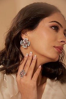 Rose Gold Finish Multi-Colored Stone & Zircon Ring In Sterling Silver