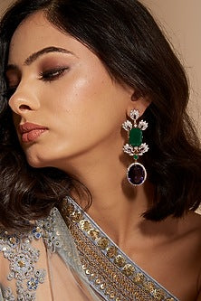 Rose Gold Finish Purple & Green Stone Dangler Earrings In Sterling Silver
