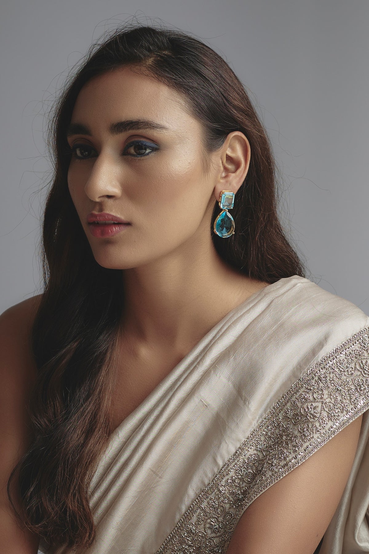 Gold Finish Aqua Stone Dangler Earrings