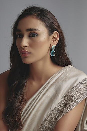 Gold Finish Aqua Stone Dangler Earrings