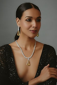 White Finish Zircon & Yellow Synthetic Stone Long Necklace Set