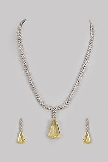 White Finish Zircon & Yellow Synthetic Stone Long Necklace Set