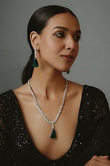 White Finish Zircon & Green Synthetic Stone Long Necklace Set