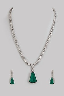 White Finish Zircon & Green Synthetic Stone Long Necklace Set