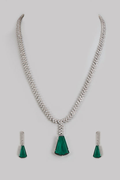 White Finish Zircon & Green Synthetic Stone Long Necklace Set