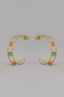 Gold Finish Multi-Colored Synthetic Stone Hoop Earrings