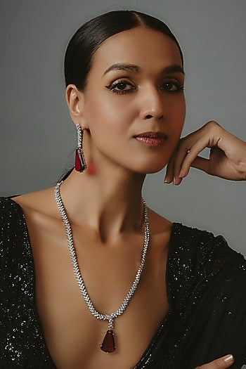 White Finish Zircon & Ruby Synthetic Stone Long Necklace Set