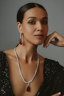 White Finish Zircon & Ruby Synthetic Stone Long Necklace Set