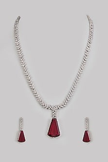White Finish Zircon & Ruby Synthetic Stone Long Necklace Set