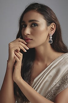 Two Tone Finish Kundan Polki & Blue Carved Stone Dangler Earrings