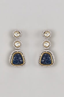 Two Tone Finish Kundan Polki & Blue Carved Stone Dangler Earrings