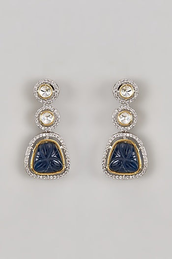 Two Tone Finish Kundan Polki & Blue Carved Stone Dangler Earrings