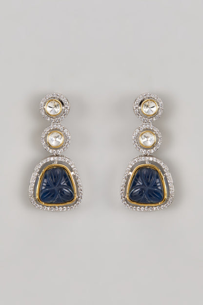 Two Tone Finish Kundan Polki & Blue Carved Stone Dangler Earrings