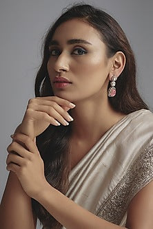 Two Tone Finish Kundan Polki & Pink Carved Stone Dangler Earrings