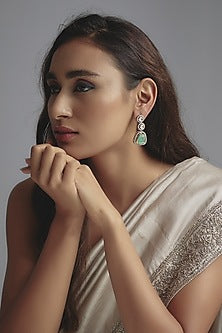 Two Tone Finish Kundan Polki & Mint Green Carved Stone Dangler Earrings