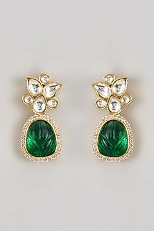 Gold Finish Kundan Polki & Carved Green Stone Dangler Earrings