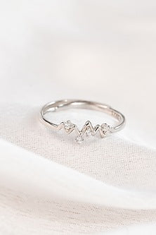 White Finish Zircon Heartbeat Ring In Sterling Silver