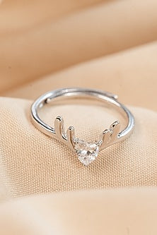 White Finish Zircon Deer Heart Ring In Sterling Silver