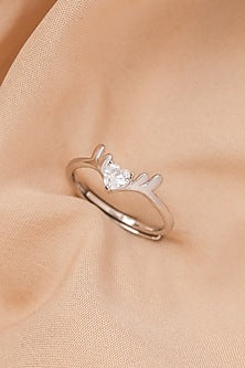 White Finish Zircon Deer Heart Ring In Sterling Silver