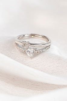 White Finish Zircon Heart Layered Ring In Sterling Silver