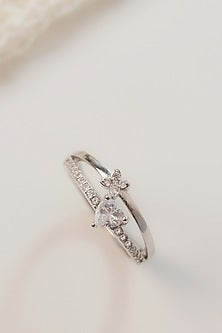 White Finish Zircon Heart Layered Ring In Sterling Silver
