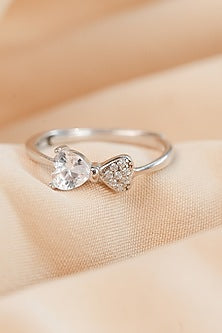 White Finish Zircon Heart Knot Ring In Sterling Silver