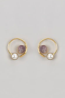 Gold Finish Pearl & Natural Stone Stud Earrings