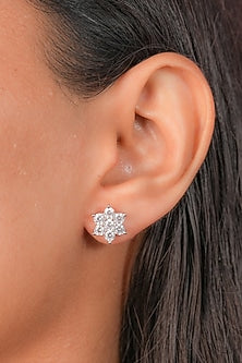White Finish Zircon Floral Stud Earrings In Sterling Silver