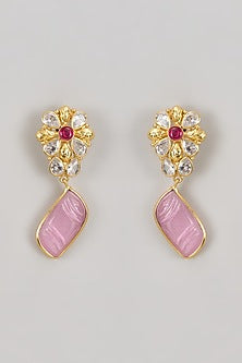 Gold Finish Kundan Polki & Carved Pink Stone Dangler Earrings