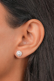 White Finish Zircon Floral Stud Earrings In Sterling Silver