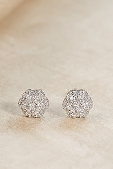 White Finish Zircon Floral Stud Earrings In Sterling Silver