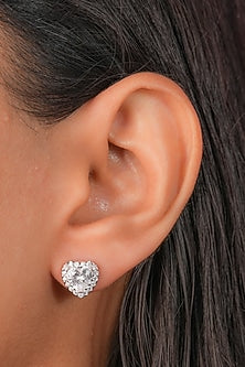 White Finish Zircon Heart Stud Earrings In Sterling Silver