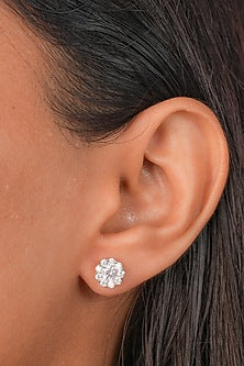 White Finish Zircon Floral Stud Earrings In Sterling Silver