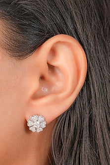 White Finish Zircon Floral Stud Earrings In Sterling Silver