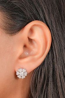 White Finish Zircon Floral Stud Earrings In Sterling Silver