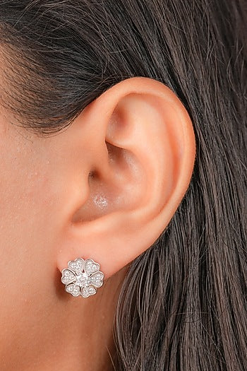 White Finish Zircon Floral Stud Earrings In Sterling Silver