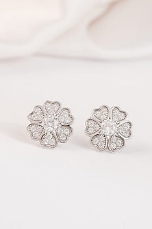 White Finish Zircon Floral Stud Earrings In Sterling Silver