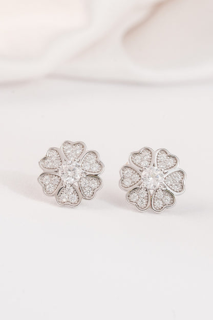 White Finish Zircon Floral Stud Earrings In Sterling Silver