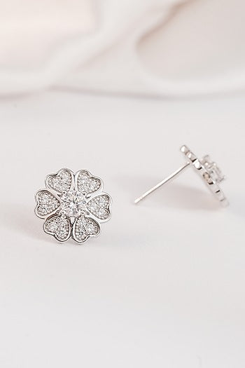 White Finish Zircon Floral Stud Earrings In Sterling Silver