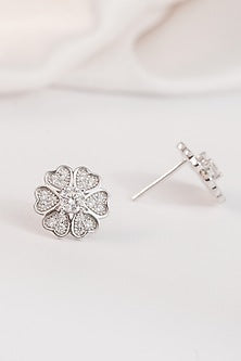 White Finish Zircon Floral Stud Earrings In Sterling Silver