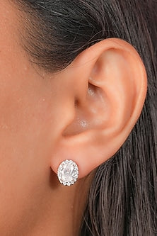 White Finish Zircon Oval Stud Earrings In Sterling Silver