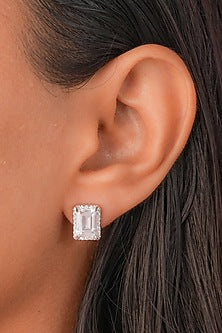 White Finish Zircon Stud Earrings In Sterling Silver