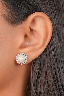 White Finish Zircon & Pearl Stud Earrings In Sterling Silver