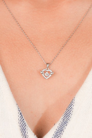 White Finish Zircon Heart Wings Pendant Necklace In Sterling Silver
