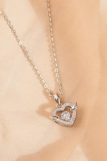 White Finish Zircon Heart Wings Pendant Necklace In Sterling Silver