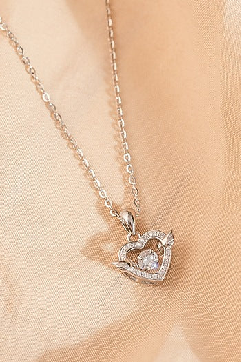 White Finish Zircon Heart Wings Pendant Necklace In Sterling Silver
