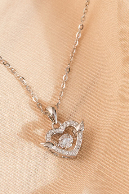 White Finish Zircon Heart Wings Pendant Necklace In Sterling Silver