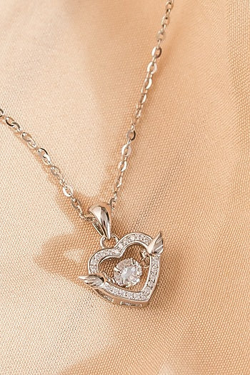 White Finish Zircon Heart Wings Pendant Necklace In Sterling Silver